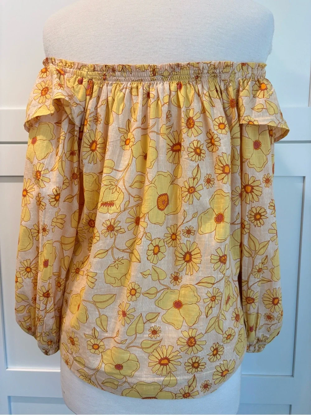 Free People Miss Daisy Floral Off-Shoulder Yellow and Brown Peasant Top Size S